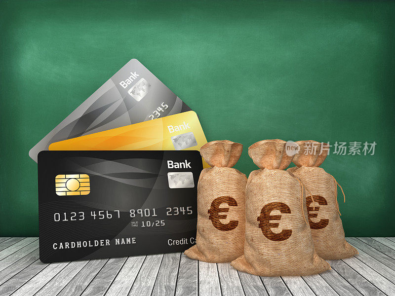 信用卡与欧元钱袋在黑板上- 3D渲染